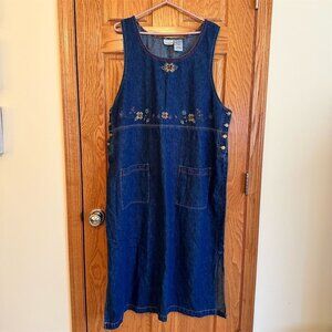 White Stag Plus 18W 20W Blue Floral Embroidered Denim Jumper Dress